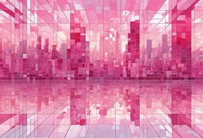 The primary subject of the image is a cityscape, featuring a reflection of a city in a mirror. The setting is a large, pink-tinted mirror that reflects the city's buildings and skyline. The visual style is a combination of digital art and illustration, creating a unique and artistic representation of the city. The colors and mood of the image are predominantly pink, giving it a warm and inviting atmosphere.