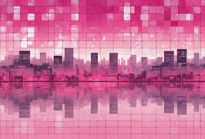 The primary subject of the image is a cityscape with tall buildings and a body of water. The setting is a pink cityscape, which gives the scene a unique and vibrant atmosphere. The visual style of the image is a combination of digital art and illustration, creating a blend of realism and artistic expression. The dominant colors in the image are pink, which gives the scene a warm and inviting feel.