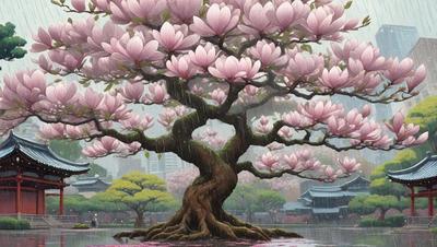 The primary subject of the image is a tree with a large number of pink flowers on it. The tree is located in a park, surrounded by a beautiful environment. The visual style of the image is a painting, which adds a sense of artistic expression to the scene. The dominant colors in the painting are pink and green, creating a serene and peaceful atmosphere.