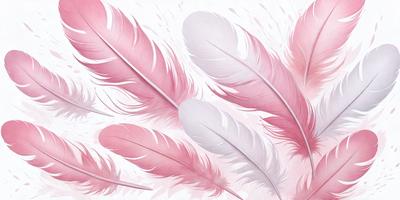 The primary subject of the image is a close-up of a pink feather. The setting is a white background, and the visual style is a digital art or illustration. The dominant colors are pink and white, creating a soft and delicate atmosphere.