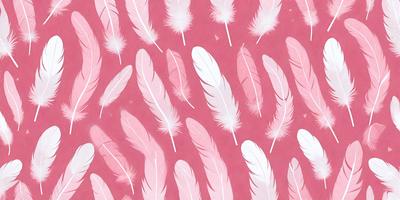 The primary subject of the image is a pattern of white feathers on a pink background. The feathers are arranged in various shapes and sizes, creating a visually appealing and unique design. The setting is a pink surface, which serves as the background for the feather pattern. The visual style of the image is a combination of digital art and illustration, as it showcases a creative and artistic representation of the feathers. The colors and mood of the image are predominantly pink and white, giving it