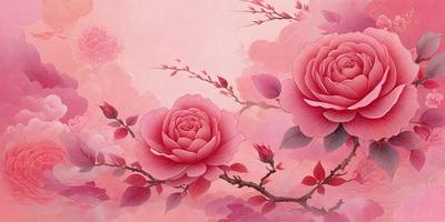 The primary subject of the image is a beautiful painting of pink flowers. The flowers are depicted in various positions, with some in the foreground and others in the background. The setting is a pink background, which complements the vibrant colors of the flowers. The visual style of the painting is a combination of digital art and traditional illustration, creating a captivating and artistic scene. The dominant colors in the painting are pink and various shades of pink, which evoke a sense of warmth, love