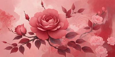 The primary subject of the image is a large, beautiful pink rose. The rose is the focal point of the scene, and it is displayed against a pink background. The visual style of the image is a combination of digital art and illustration, creating a vibrant and lush atmosphere. The dominant colors in the image are pink and red, which evoke a sense of warmth and romance.