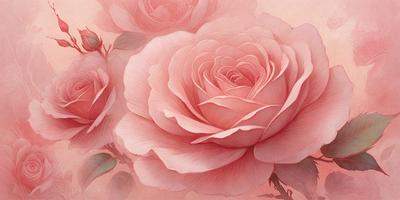 The primary subject of the image is a bouquet of pink roses. The setting is a pink background, which adds to the overall mood of the scene. The visual style of the image is a painting, which showcases the artist's skill in capturing the beauty of the roses. The colors and mood of the painting are predominantly pink, creating a warm and inviting atmosphere.