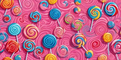 The primary subject of the image is a painting of a candy-themed background with a variety of candy-like objects. The setting is a pink background, and the visual style appears to be a combination of digital art and illustration. The colors and mood of the painting are predominantly pink, with a playful and vibrant atmosphere.