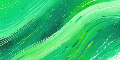 The primary subject of the image is a green wave, which is the main focus of the scene. The setting is a colorful, abstract background that adds to the overall atmosphere. The visual style of the image is a combination of digital art and illustration, creating a unique and vibrant appearance. The dominant colors in the image are green and blue, which contribute to the lively and energetic mood of the scene.