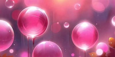 The primary subject of the image is a group of pink bubbles floating in a pink background. The setting appears to be a pink and purple environment, possibly a digital art or illustration. The visual style of the image is a combination of photo and digital art, creating a unique and vibrant atmosphere. The colors and mood of the image are predominantly pink and purple, giving it a soft and dreamy appearance.