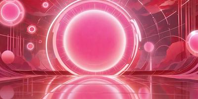 The primary subject of the image is a large, pink, circular object, which appears to be a light or a source of illumination. The setting is a room with a reflective surface, possibly a mirror or a shiny floor, which enhances the visual impact of the pink object. The visual style of the image is a combination of photo and digital art, creating a unique and eye-catching scene. The colors and mood of the image are predominantly pink, giving it a warm and inviting atmosphere