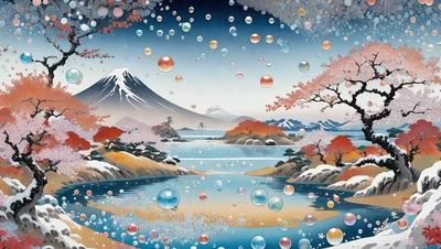 The primary subject of the image is a beautiful landscape featuring a mountain, a lake, and a forest. The setting is a serene and picturesque environment, with the mountain in the background and the lake in the foreground. The visual style of the image is a combination of digital art and illustration, creating a vibrant and lively atmosphere. The colors and mood of the image are predominantly warm and inviting, with the presence of bubbles and the overall composition evoking a sense of tranquility and natural