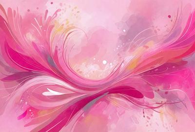 The primary subject of the image is a pink and white painting of a woman's hair. The setting is a pink background, and the visual style is a digital art illustration. The colors and mood of the painting are predominantly pink and white, creating a soft and feminine atmosphere.