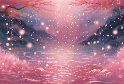The primary subject of the image is a beautifully illustrated scene of a river with a pink sky. The setting is a serene and picturesque landscape, featuring a body of water with a flowing current. The visual style is a combination of digital art and illustration, creating a vibrant and captivating atmosphere. The colors and mood of the scene are predominantly pink, which adds a sense of warmth and tranquility to the image.