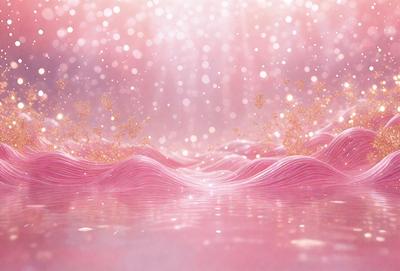 The primary subject of the image is a pink and gold water-like surface, which appears to be a digital art or illustration. The setting is a pink and gold ocean, with a background of pink and gold waves. The visual style is a combination of digital art and illustration, creating a unique and vibrant atmosphere. The colors and mood of the image are predominantly pink and gold, giving it a warm and inviting feel.