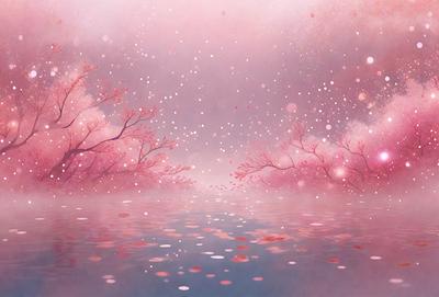 The primary subject of the image is a beautiful scene of a river surrounded by trees and flowers. The setting is a serene, natural environment with a gentle flow of water. The visual style is a combination of digital art and illustration, creating a vibrant and lively atmosphere. The dominant colors are pink, red, and white, which contribute to the overall mood of the scene, evoking feelings of tranquility and harmony with nature.