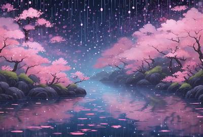 The primary subject of the image is a serene scene of a river surrounded by cherry blossoms. The river is filled with water, and the cherry blossoms are scattered throughout the scene, creating a beautiful and peaceful atmosphere. The visual style of the image is a digital art or illustration, with the cherry blossoms and the river being the main focus of the composition. The colors and mood of the image are predominantly pink and calming, reflecting the beauty of the cherry bloss