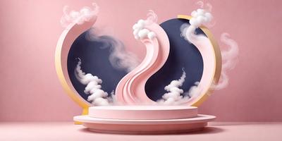 The primary subject of the image is a large, pink, smoke-filled sculpture. The setting is a pink background, which complements the sculpture's color. The visual style is a combination of photo and digital art, creating a unique and artistic representation. The colors and mood of the image are predominantly pink, which gives it a warm and inviting atmosphere.