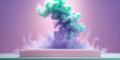 The primary subject of the image is a large, colorful, and swirling cloud. The cloud is purple and blue, and it appears to be floating in the air. The setting is a pink background, which adds a contrasting color to the scene. The visual style of the image is a combination of photo and digital art, creating a unique and eye-catching effect. The colors and mood of the image are vibrant and energetic, evoking a sense of movement and dynamism.