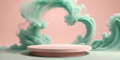 The primary subject of the image is a pink table with a white top, which is placed in front of a large, colorful wave. The setting appears to be a beach or a coastal area, as the wave is a prominent feature in the background. The visual style of the image is a combination of photo and digital art, creating a unique and eye-catching scene. The colors and mood of the image are predominantly pink and white, giving it a warm and inviting atmosphere.