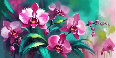 The primary subject of the image is a bouquet of pink flowers. The flowers are arranged in a vase, and they are the main focus of the image. The setting is a green background, which adds a natural and fresh touch to the scene. The visual style of the image is a painting, which gives it a more artistic and detailed appearance. The colors in the painting are predominantly pink, creating a warm and inviting atmosphere.