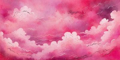 The primary subject of the image is a cloudy pink sky. The setting is a colorful, cloudy sky with a pink hue. The visual style is a watercolor painting, giving the scene a vibrant and artistic appearance. The colors and mood of the image are predominantly pink, creating a warm and inviting atmosphere.
