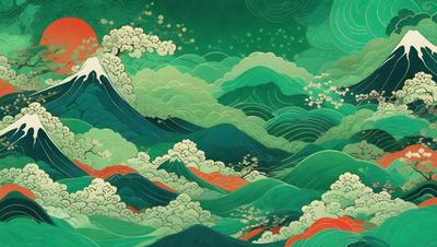 The primary subject of the image is a mountain with a volcano on top, surrounded by a lush green forest. The setting is a beautiful landscape with a mountain range and a body of water. The visual style is a combination of digital art and illustration, creating a vibrant and colorful scene. The dominant colors are green, blue, and red, giving the image a lively and energetic atmosphere.