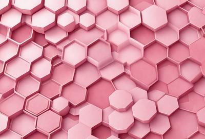 The primary subject of the image is a close-up of a pink surface with a pattern of hexagonal shapes. The setting is a pink background, and the visual style appears to be a combination of a photo and digital art. The dominant colors are pink and white, creating a warm and inviting atmosphere.