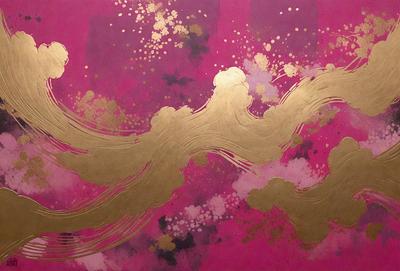 The primary subject of the image is a painting featuring a woman with long hair. The setting is a pink background, and the visual style appears to be a combination of digital art and illustration. The colors in the painting are predominantly pink, creating a warm and inviting atmosphere. The woman's hair is depicted in gold, adding a touch of elegance and sophistication to the artwork.