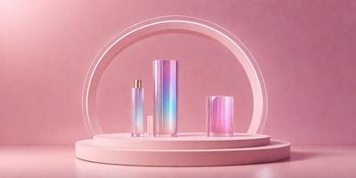 The primary subject of the image is a display of three bottles of perfume, each with a different color and design. The setting is a pink background, which adds a touch of elegance to the scene. The visual style is a close-up of the bottles, showcasing their details and colors. The colors and mood of the image are predominantly pink, creating a warm and inviting atmosphere.