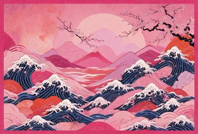 The primary subject of the image is a beautifully illustrated scene of a mountain range with a pink sky. The setting is a mountainous landscape, and the visual style is a combination of digital art and illustration. The colors and mood of the image are predominantly pink, creating a serene and peaceful atmosphere.
