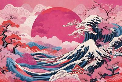 The primary subject of the image is a large wave with snow on top of it, creating a unique and visually striking scene. The wave is located in a pink and blue ocean, which adds to the vibrant and lively atmosphere of the image. The setting appears to be a painting or illustration, as the colors and details are more artistic and intricate than what would be found in a photograph. The combination of the snow-covered wave and the vivid ocean colors creates a sense of wonder and excitement, making the
