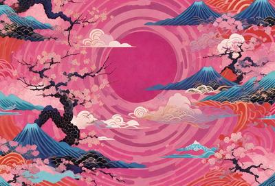 The primary subject of the image is a pink and purple painting featuring a mountain, a tree, and a moon. The setting is a pink and purple sky, which creates a vibrant and lively atmosphere. The visual style is a painting, which showcases the artist's creativity and skill in capturing the scene. The colors and mood of the painting are predominantly pink and purple, giving it a warm and inviting feel.