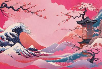 The primary subject of the image is a large wave with a mountain in the background. The setting is a pink sky, which adds a unique and vibrant atmosphere to the scene. The visual style is a combination of digital art and illustration, creating a captivating and artistic representation of the ocean and mountain landscape. The colors and mood of the image are predominantly pink, giving it a warm and inviting feel.