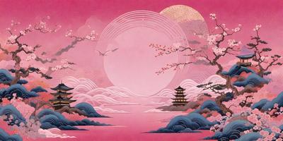 The primary subject of the image is a pink moon with a bird flying around it. The setting is a serene landscape featuring a body of water, a mountain, and a pagoda. The visual style is a combination of digital art and illustration, creating a harmonious and visually appealing scene. The colors and mood of the image are predominantly pink, which adds a sense of tranquility and beauty to the overall atmosphere.
