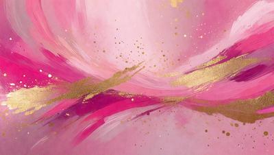The primary subject of the image is a painting featuring a pink background with gold and purple accents. The setting is a canvas, and the visual style is a painting. The dominant colors are pink, gold, and purple, creating a warm and vibrant atmosphere.