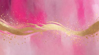 The primary subject of the image is a painting of a wave, featuring gold and pink colors. The setting is a pink background, and the visual style is a painting. The dominant colors are gold and pink, creating a warm and vibrant atmosphere.