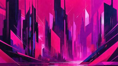 The primary subject of the image is a futuristic cityscape with tall buildings and a pink sky. The setting is a city with a lot of skyscrapers, and the visual style is a digital art or illustration. The colors and mood of the image are predominantly pink, creating a unique and vibrant atmosphere.