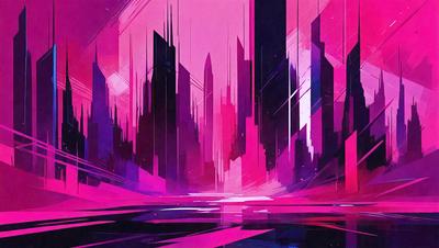 The primary subject of the image is a futuristic cityscape with tall buildings and a pink sky. The setting is a futuristic city with a pink sky, and the visual style is a digital art or illustration. The colors and mood of the image are predominantly pink, creating a unique and vibrant atmosphere.