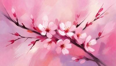 The primary subject of the image is a branch with pink flowers on it. The setting is a pink background, which adds to the overall mood of the scene. The visual style of the image is a painting, which gives it a more artistic and detailed appearance. The dominant colors in the image are pink and white, creating a warm and inviting atmosphere.