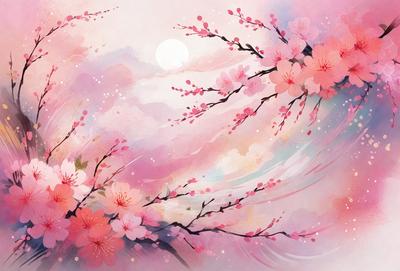The primary subject of the image is a beautiful painting of cherry blossoms. The painting features a variety of pink flowers, creating a vibrant and lively atmosphere. The setting is a cloudy sky, which adds a sense of depth and contrast to the painting. The visual style of the painting is a combination of traditional and digital art, creating a unique and captivating piece of art. The colors and mood of the painting are predominantly pink, evoking feelings of warmth, love, and happiness.