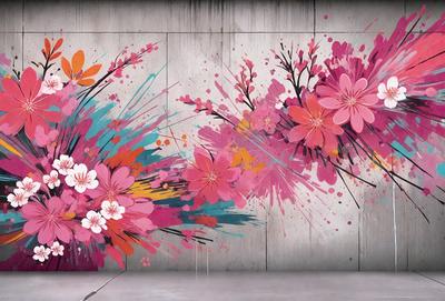 The primary subject of the image is a colorful mural featuring a variety of flowers. The setting is a wall, and the visual style is a combination of digital art and illustration. The mural is painted in vibrant colors, creating a lively and cheerful atmosphere.