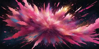 The primary subject of the image is a colorful, abstract painting featuring a pink and purple background. The painting appears to be a digital artwork, showcasing a vibrant and lively atmosphere. The setting is a dark background, which contrasts with the bright colors of the painting. The visual style is a mix of artistic expression and digital manipulation, creating a unique and eye-catching piece of art.