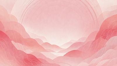 The primary subject of the image is a mountain range with a pink sky in the background. The setting is a mountainous landscape, and the visual style is a combination of digital art and illustration. The dominant colors are pink and red, creating a warm and serene atmosphere.