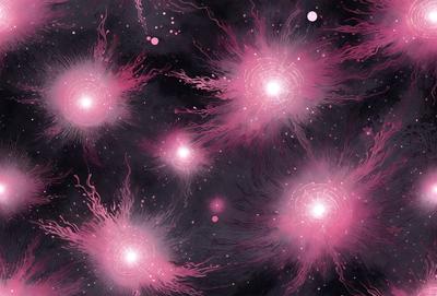 The primary subject of the image is a group of brightly colored, pink and purple stars. The setting is a dark, starry sky, with the stars being the main focus of the image. The visual style is a digital art or illustration, as the stars are depicted in a detailed and artistic manner. The colors and mood of the image are vibrant and lively, with the pink and purple hues creating a sense of warmth and energy.