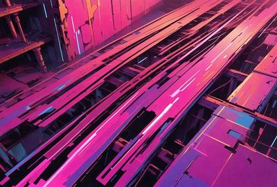 The primary subject of the image is a colorful, abstract, and futuristic building. The setting is a pink and purple environment, which adds to the overall atmosphere. The visual style is a combination of digital art and illustration, creating a unique and vibrant scene. The colors and mood of the image are predominantly pink and purple, giving it a dreamy and surreal quality.