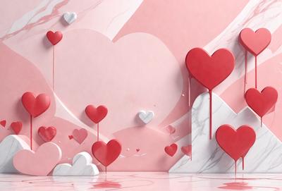 The primary subject of the image is a collection of red hearts, which are displayed in various positions and orientations. The hearts are arranged on a pink background, which adds a warm and inviting atmosphere to the scene. The visual style of the image is a combination of digital art and illustration, creating a unique and eye-catching design. The dominant colors in the image are red and pink, which evoke feelings of love and affection.