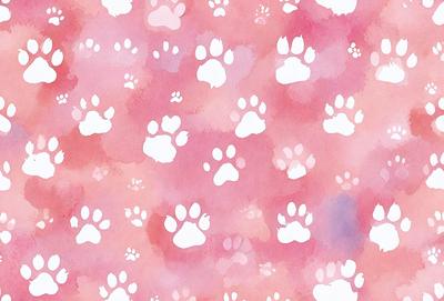 The primary subject of the image is a pattern of white and pink dog paw prints. The setting is a pink background, which adds a warm and inviting atmosphere to the scene. The visual style is a combination of digital art and illustration, creating a unique and eye-catching design. The colors and mood convey a sense of playfulness and joy, as the pink and white paw prints evoke a sense of innocence and childlike wonder.