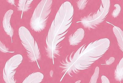 The primary subject of the image is a pattern of white feathers on a pink background. The feathers are arranged in various shapes and sizes, creating a visually appealing and artistic design. The setting is a pink surface, which serves as the background for the feather pattern. The visual style of the image is a combination of digital art and illustration, as the feathers are carefully crafted and arranged to create a cohesive and aesthetically pleasing design. The colors and mood of the image are