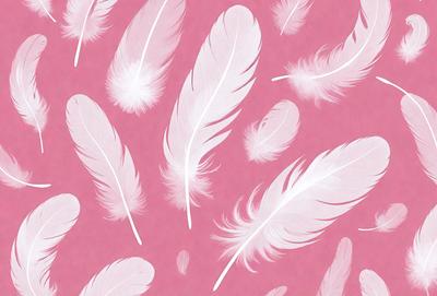The primary subject of the image is a pattern of white feathers, which are the primary focus of the image. The setting is a pink background, which adds a contrasting color to the scene. The visual style of the image is a combination of photo and digital art, creating a unique and eye-catching design. The colors and mood of the image are predominantly pink, which gives the scene a warm and inviting atmosphere.