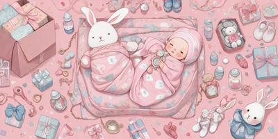 The primary subject of the image is a baby lying in a pink crib, surrounded by various toys and items. The setting is a cozy nursery, with a pink blanket covering the crib. The visual style is a combination of digital art and illustration, creating a warm and inviting atmosphere. The colors and mood are predominantly pink, which adds a sense of comfort and tenderness to the scene.