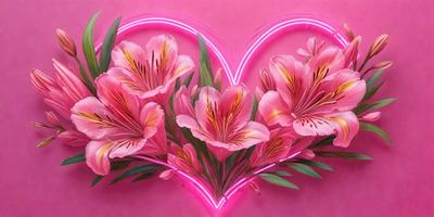 The primary subject of the image is a bouquet of pink flowers arranged in the shape of a heart. The flowers are placed on a pink background, which adds a warm and romantic touch to the scene. The visual style of the image is a combination of photo and digital art, creating a unique and eye-catching display. The dominant colors in the image are pink and red, which evoke feelings of love and affection.