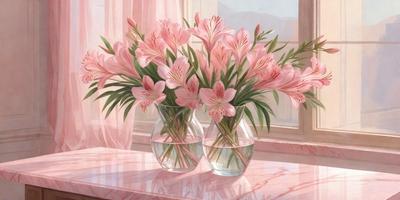 The primary subject of the image is a vase filled with pink flowers, placed on a table. The setting is a room with a window, and the visual style appears to be a painting or drawing. The colors in the image are predominantly pink, creating a warm and inviting atmosphere.